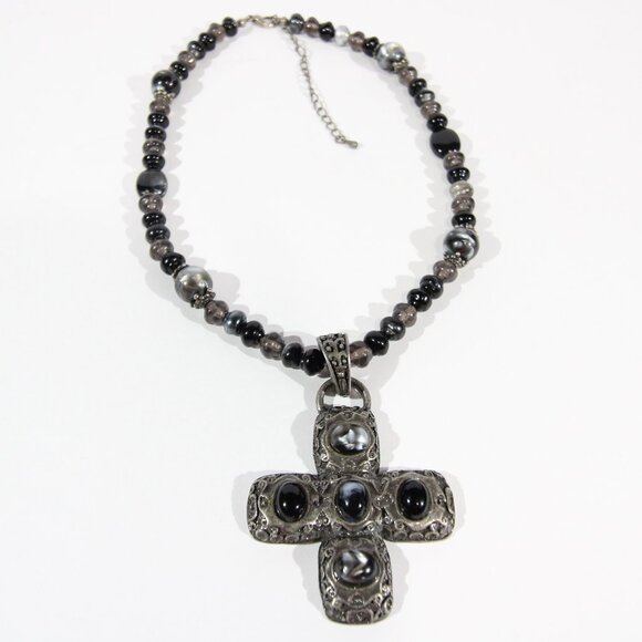 Jewelry - Silver Tone Cross and Black Beaded Necklace